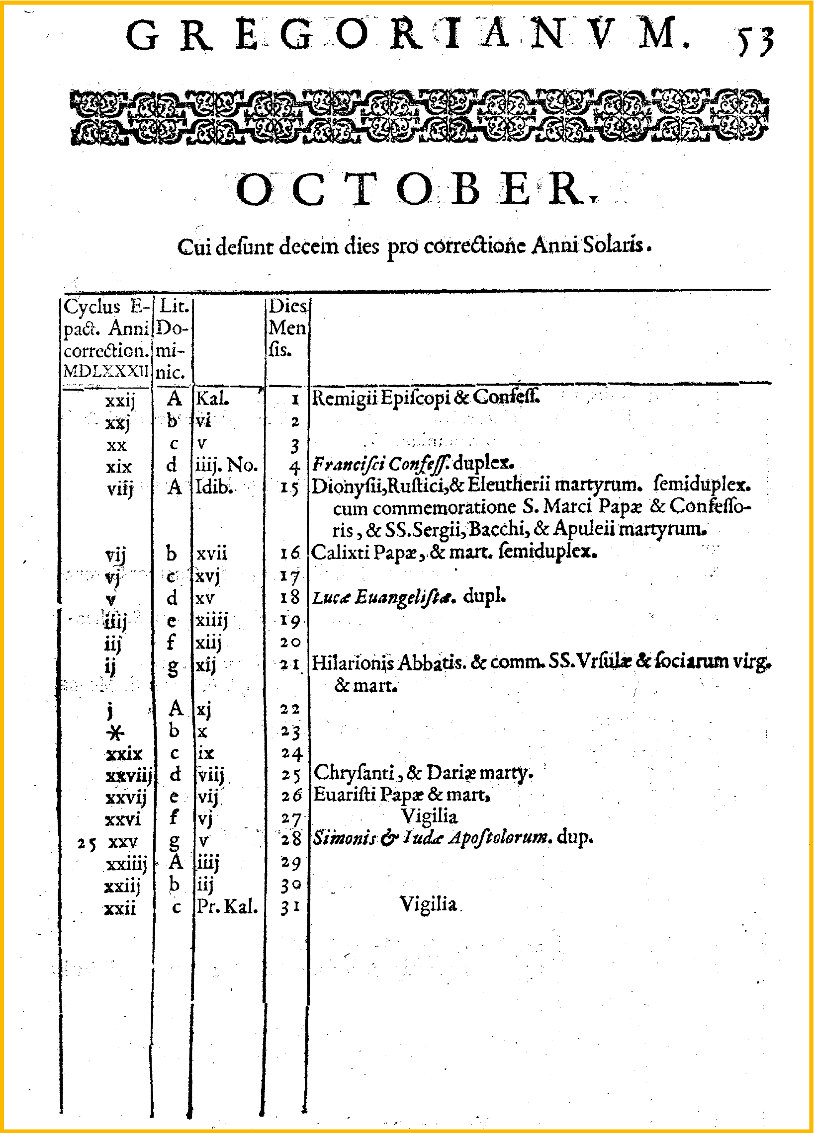 Calendar for October 1582 from Christoph Clavius' book