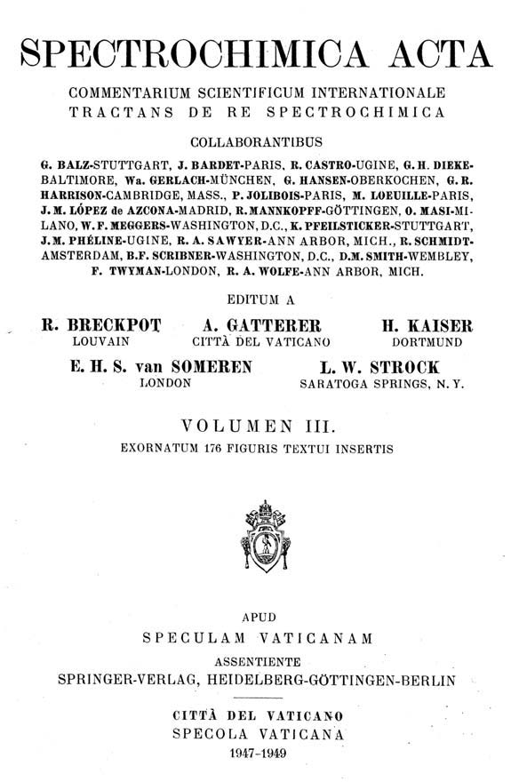 Title page of the Vatican Volume of Spectrochimica Acta