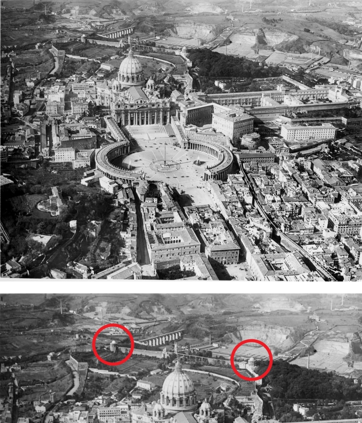 Una fotografia del 1924 del Vaticano mostra le cupole dei telescopi della Specola Vaticana (due delle quali sono cerchiate nell’ingrandimento in basso)